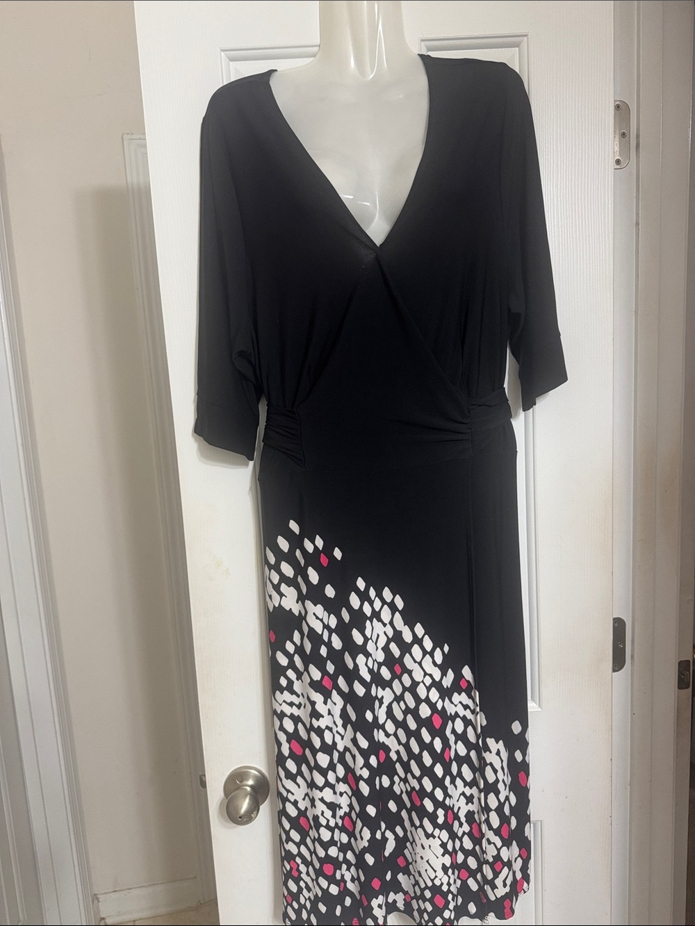Lane Bryant Black Wrap Midi Dress with Pink & White Dot Scatter